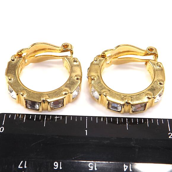 Swarovski Swan Logo Clip Earrings Gold Plated Square Crystal Rhinestone Vintage - Picture 7 of 10